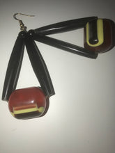 Load image into Gallery viewer, Black Horn Tubes with Striped Bead Earrings
