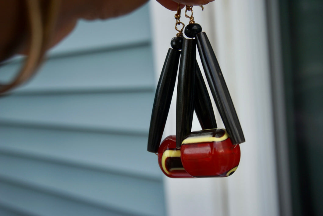 Black Horn Tubes with Striped Bead Earrings